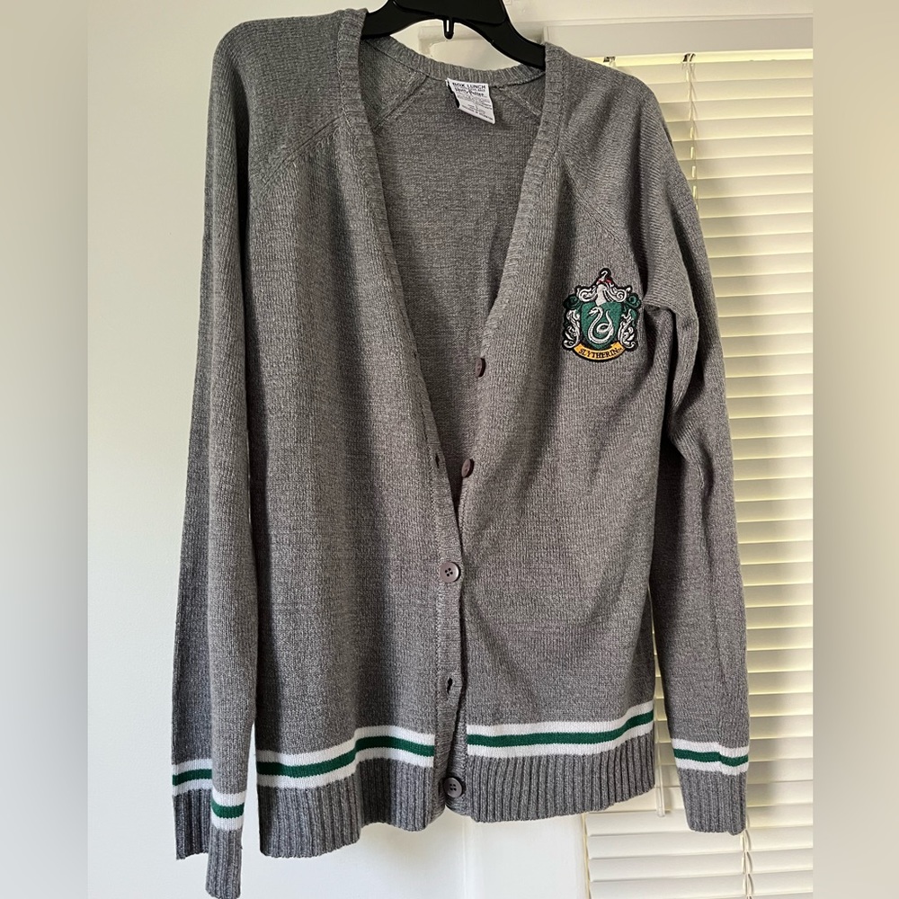 **sold elsewhere** Grey and Green Harry Potter Slytherin Cardigan, size large